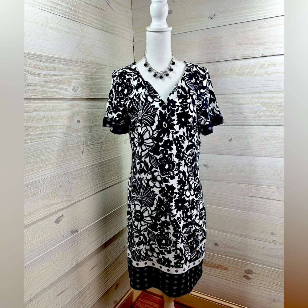 Talbots Black and White Floral Print 100% Cotton Dress M FREE SHIP